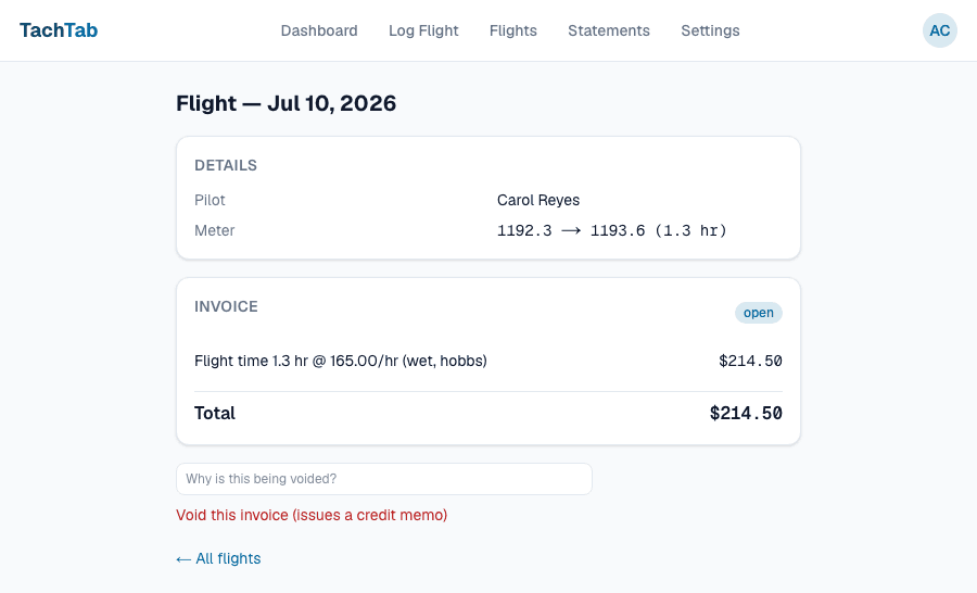 A flight detail page showing the pilot, the meter readings, and an invoice with an itemised flight-time line and a total.