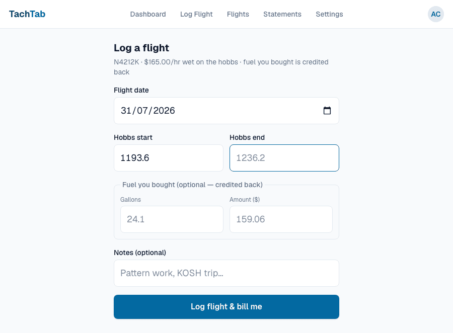 The Log Flight form with the flight date, Hobbs start already filled in, Hobbs end, an optional fuel receipt and a notes field.