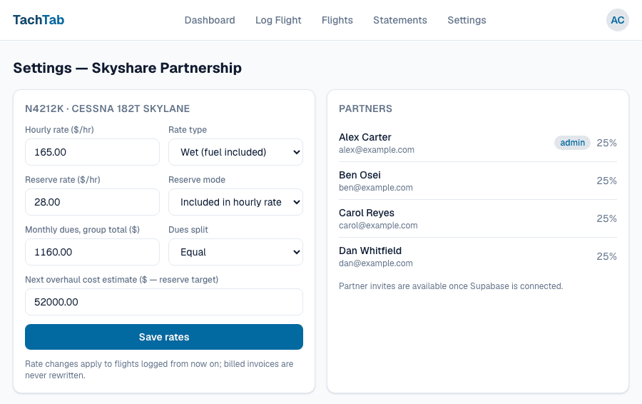 The settings screen showing hourly rate, wet or dry, reserve per hour, monthly dues and the list of partners.
