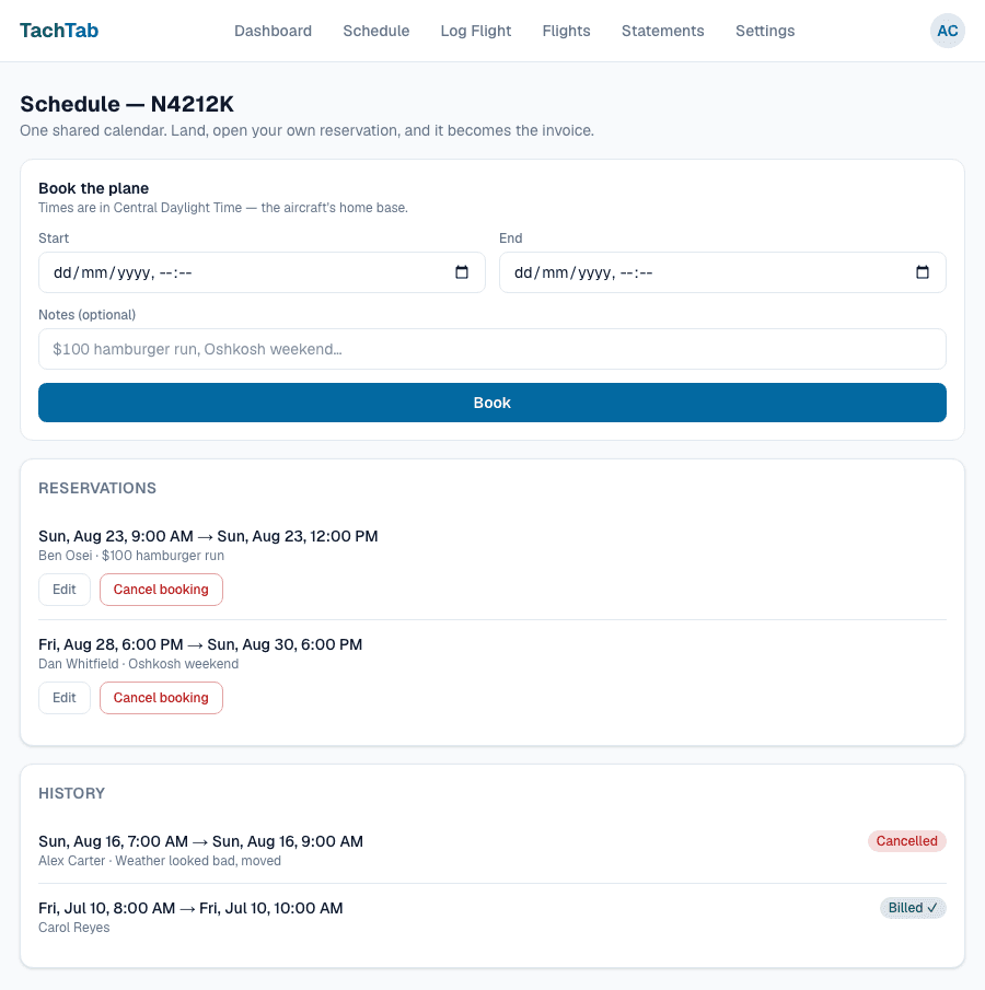 The Schedule screen: a booking form, two upcoming reservations including a three-day trip, and a history showing one cancelled booking and one already billed.