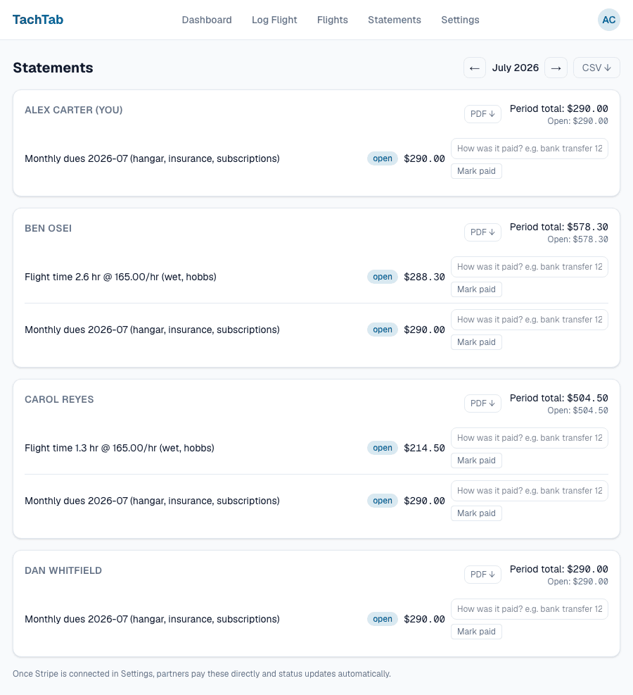 The statements screen listing each partner with their period total, itemised lines, and a mark-paid control.